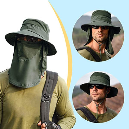 Fishing Hat for Men & Women, Outdoor UV Sun Protection Wide Brim Hat with Face Cover & Neck Flap Army Green