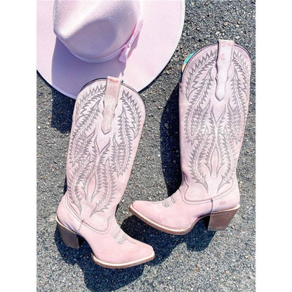 Women's Vintage Embroidered Pointed Toe Chunky Heel Western Boots