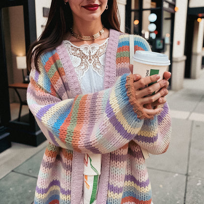 Rainbow Striped Sweater Coat For Women Autumn And Winter Mid-length Loose Color Matching Mohair Knitted Cardigan