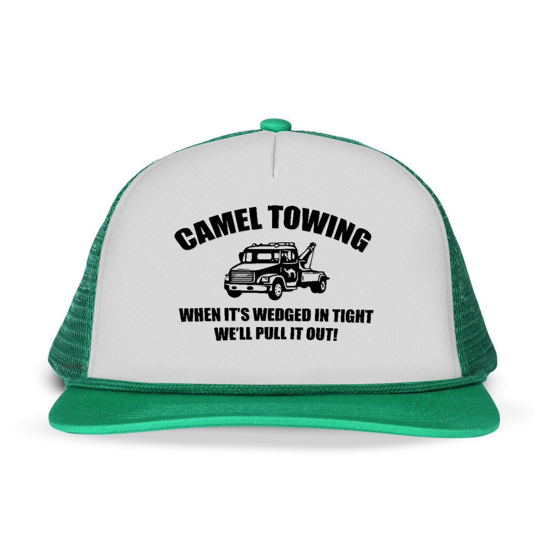 Camel Towing When It's Wedged In Tight We'll Pull It Out letter Printed and truck Printed Trucker Hat