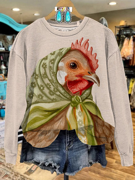 Vintage Chicken with Flower Headband Print Casual Sweatshirt