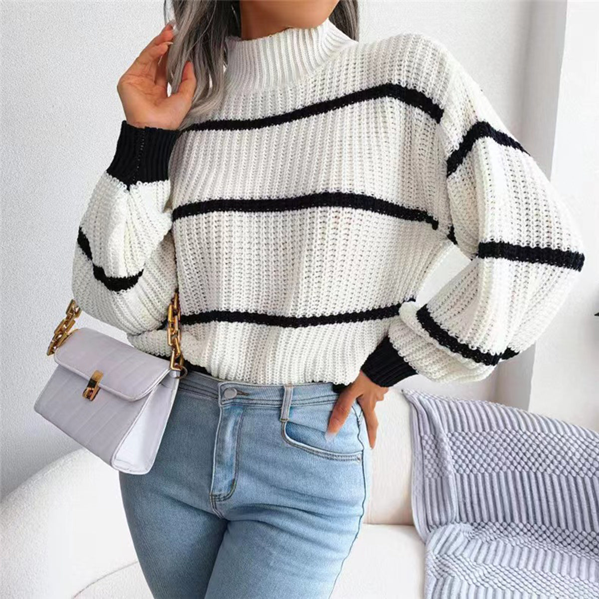 Vintage Loose Striped Turtleneck Sweater