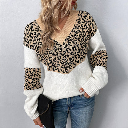 Women's V-neck Pullover Contrasting Leopard Print Sweater