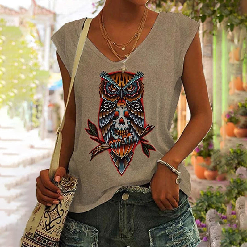 Vintage Owl Tattoo Printed Sleeveless Tank Top