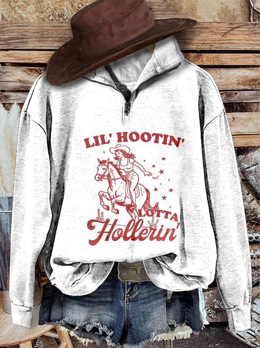 White Vintage Lil' Hootin' Hollerin' Print Casual Long Sleeve Zip Sweatshirt