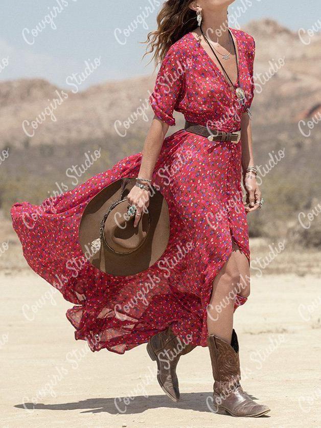 V -neck floral short -sleeved lace dress