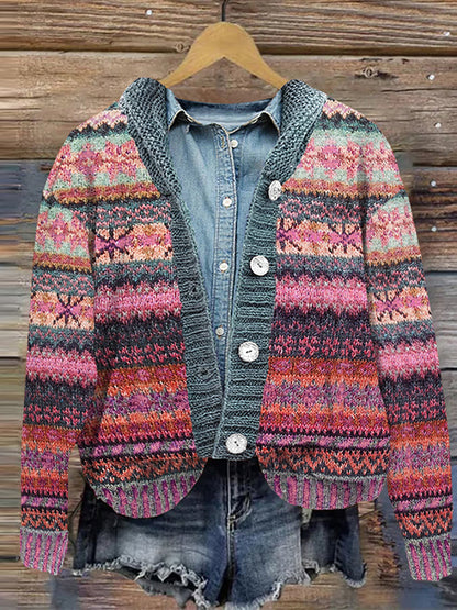 Vintage Knitted Snowflake Geometric Print Button Hooded Cardigan