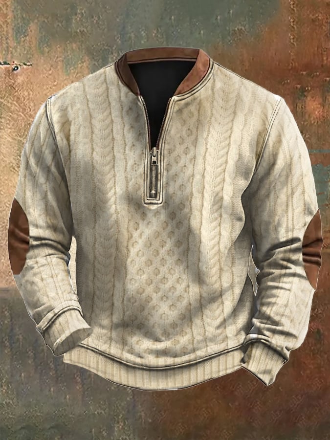 Men's Vintage Knit Print Zip-Up Sweatshirt