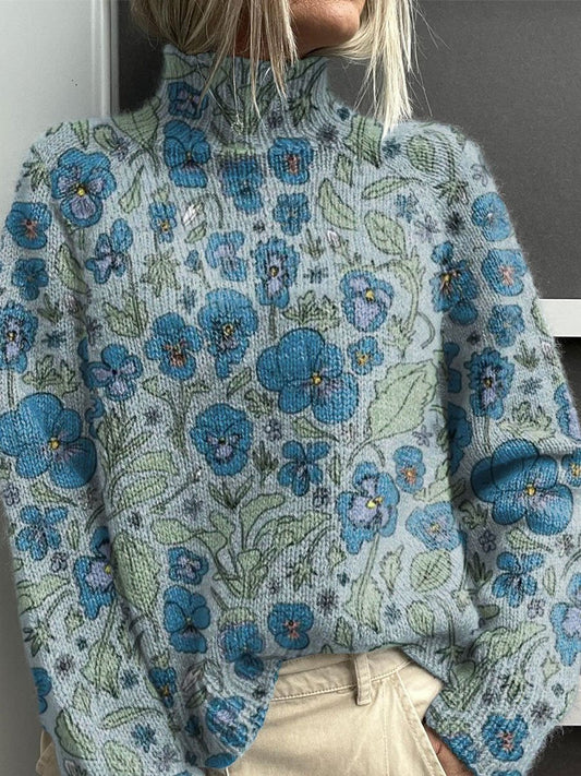 Vintage Floral Art Print Knit Turtleneck Pullover Sweater