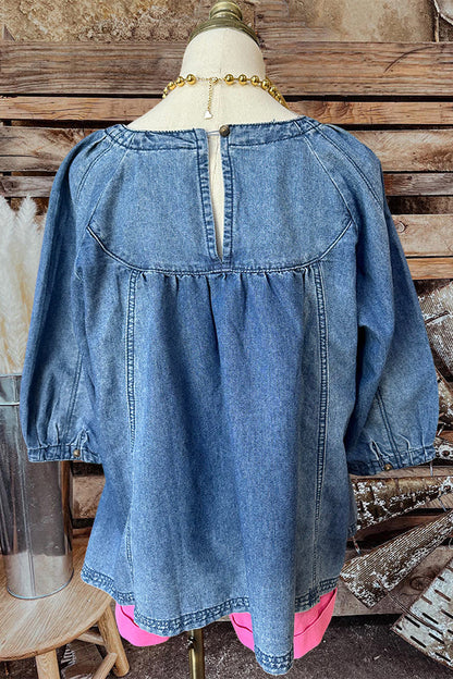 Washed 3/4 Sleeve Denim Top