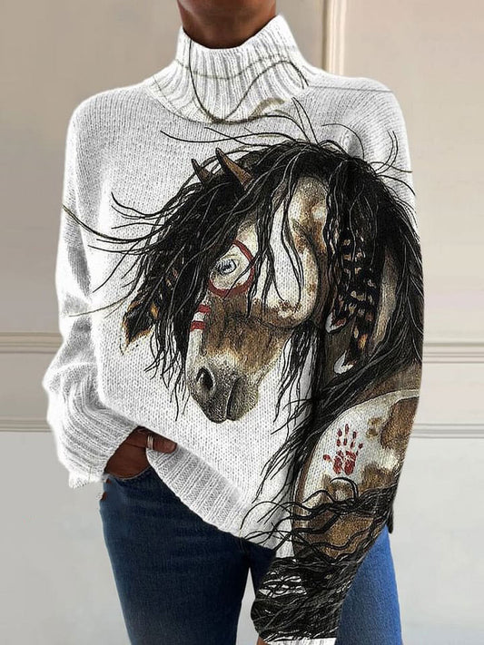 Retro Colorful Brave Horse Print Knit Turtleneck Pullover Sweater