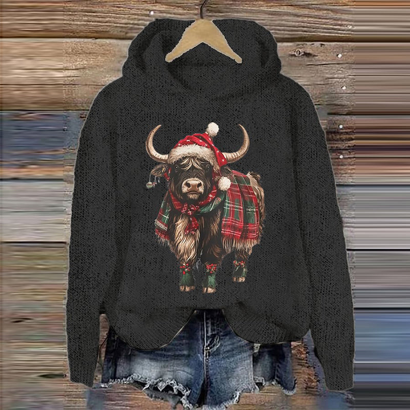 Women's Christmas Highland Cow Print Knit Hooded Sweater