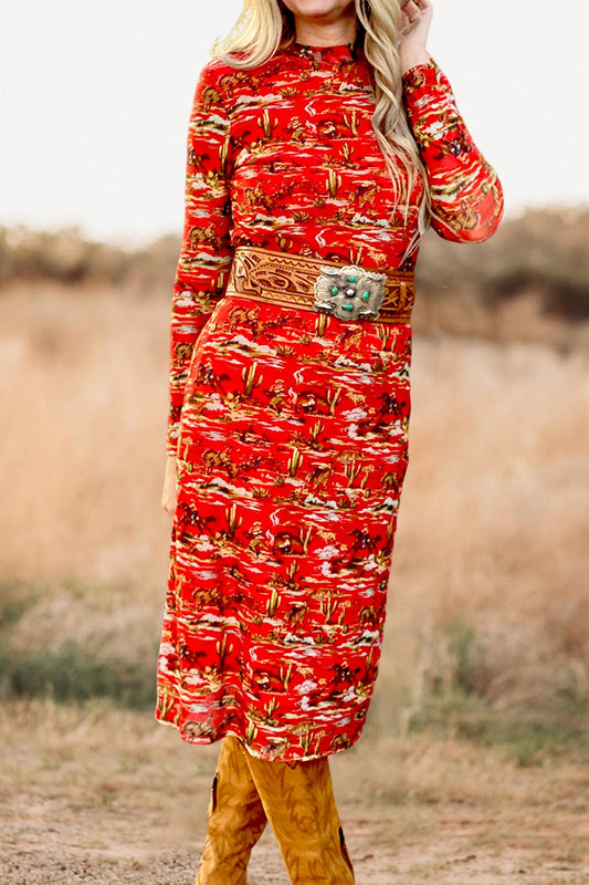 Retro Western Life Scene Print Dress