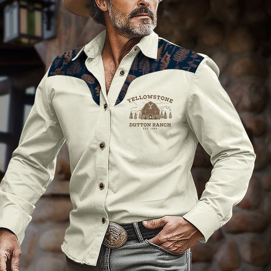 Men's Retro Western Yellowstone Logo Farm Forest Pattern Print Long Sleeve Shirt