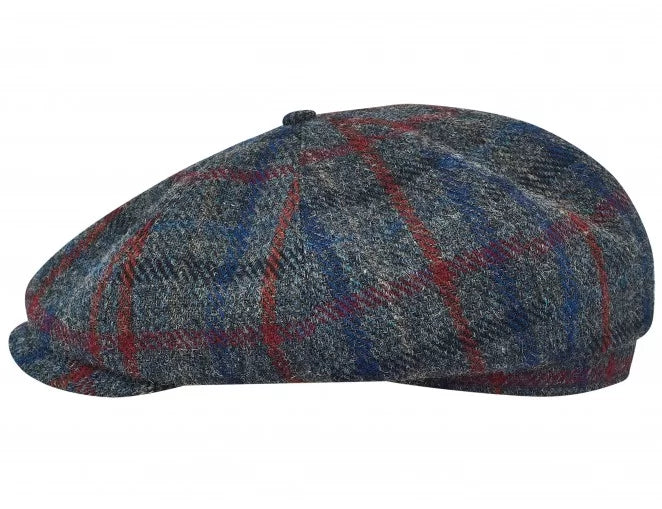 PEAKED CAPS SHELBY - HARRIS TWEED Genuine Scottish Harris Tweed 8 Panels Man Cap Grey-Blue-red