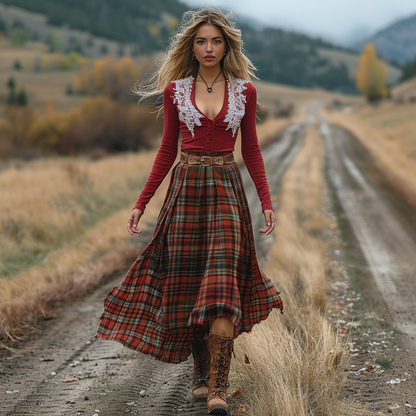 Women's Retro Plaid V-neck Long-sleeved Long Skirt Pastoral Style Dress