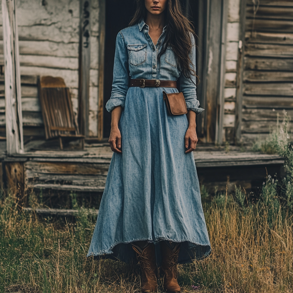 Ladies Vintage Western Style Pastoral Shirt Collar Pocket Rustic Boho Denim Dress