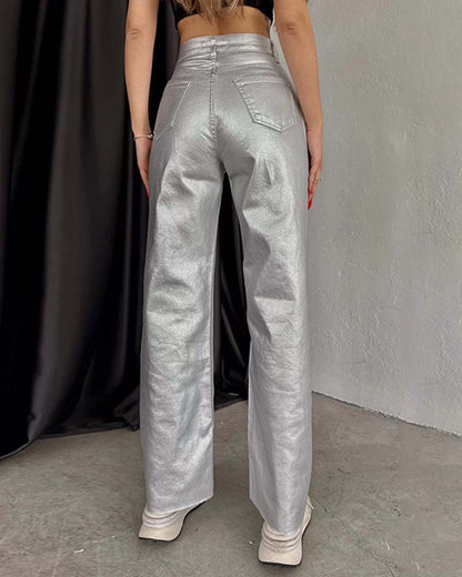 Women Vintage Straight-Leg Gold And Silver Pants