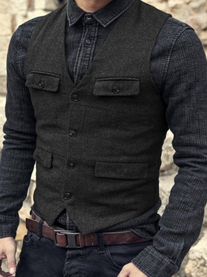 Temperament Men's Retro Single-Breasted Slim Wool Vest Vest