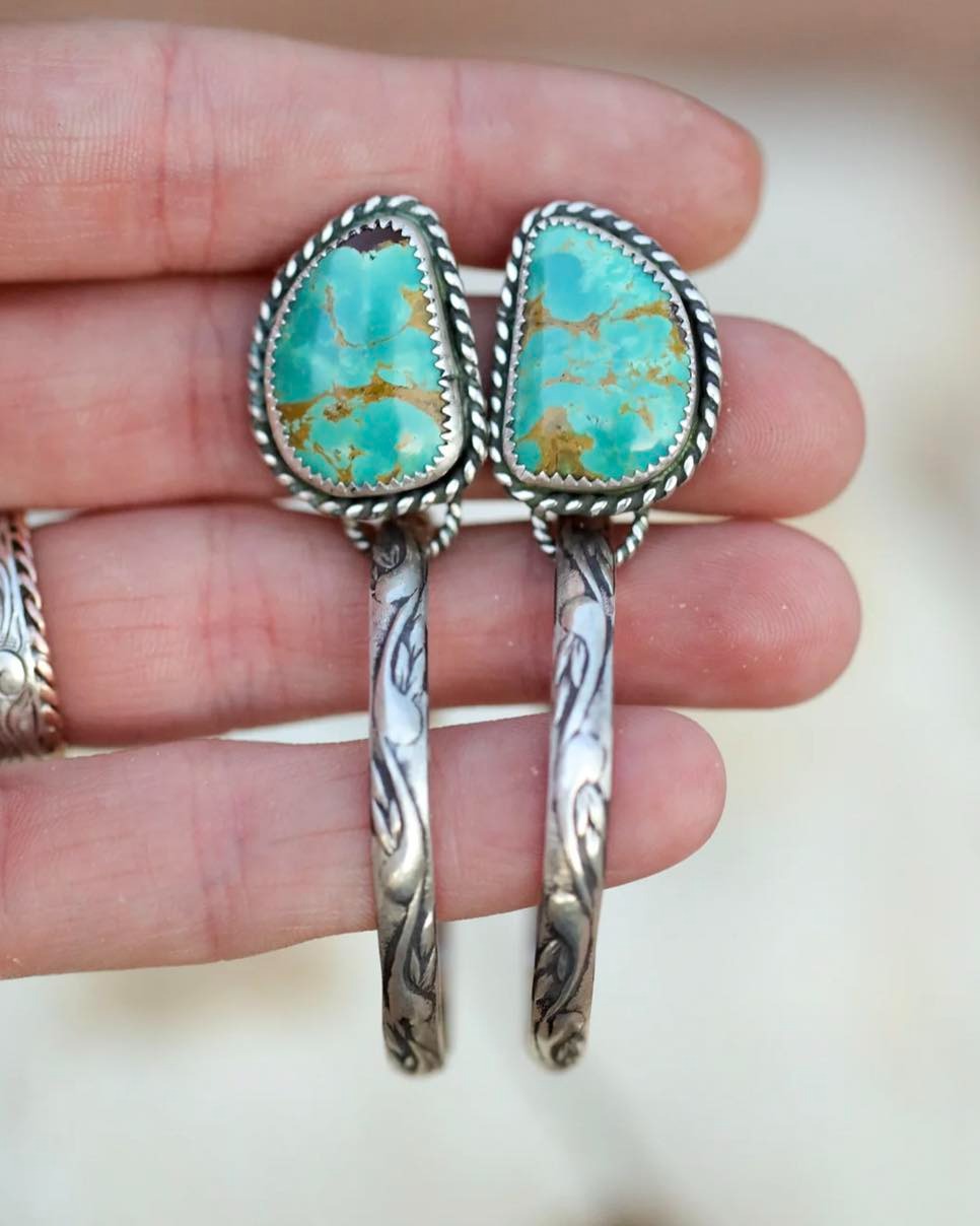 Boho-chic Silver Earrings with Intricate Green Gemstone Detailing