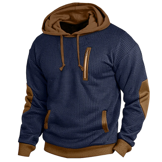 Men's Vintage Waffle Contrast Elbow Patches Pocket Hoodie