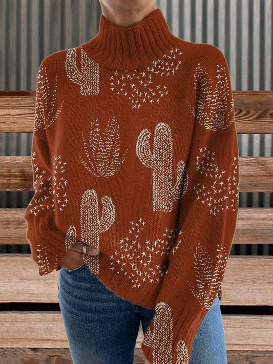 Vintage Print Knit Turtleneck Pullover Sweater