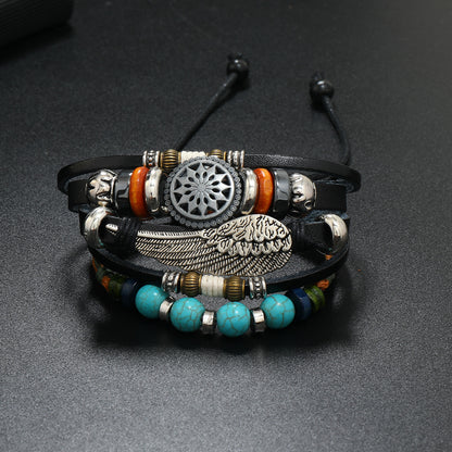 Bohemian Multi-layer Beaded Cowhide Braided Alloy Feather Leather Bracelet