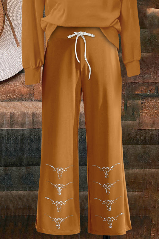 Shiny Western Longhorns Print Wide Leg Pants