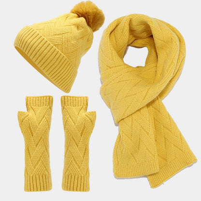 Unisex Christmas Warm Hat Gloves Scarf Solid Color Knitted Set