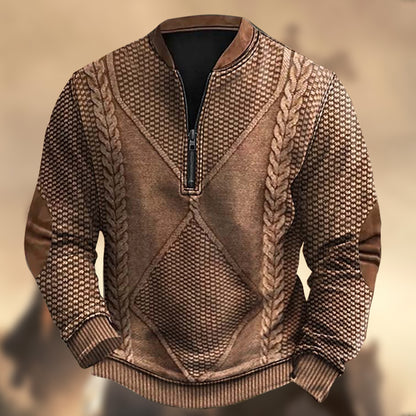 Men's Vintage Western Knit Print Zipper Stand Collar Casual Sweatshirt