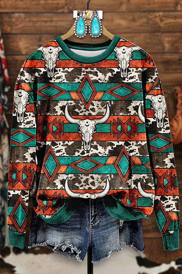 Retro Western Aztec Bull Head Print Sweatshirt