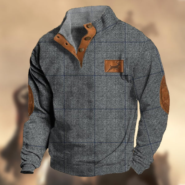 Men's Vintage Country Check Jacquard Elk Logo Print Henley Stand Collar Sweatshirt