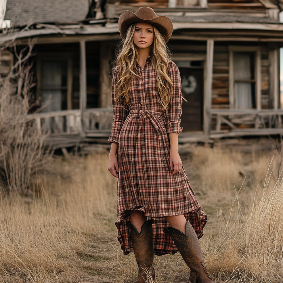 Ladies Vintage Western Style Pastoral Shirt Collar Checked Fabric Rustic Boho Dress