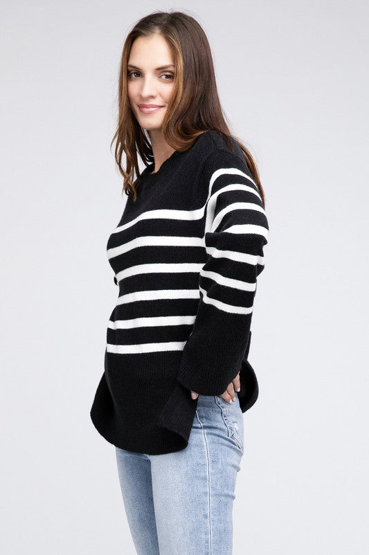 Ribbed Hem Stripe Sweater Rust or Black