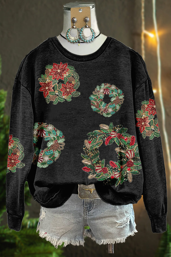 Delicate Christmas Wreath Print Sweatshirt