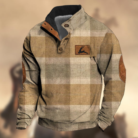 Men's Vintage Country Western Hunting Elk Khaki Wool Plaid Print Stand Collar Sweatshirt