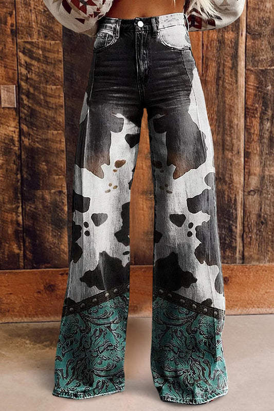 Vintage Cow Print Wide Leg Pants