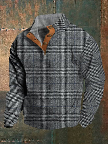 Men's Western Vintage Jacquard Plaid Design Stand Collar Button Sweatshirt (Non-Print)