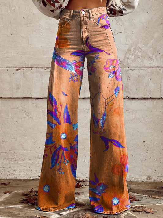 Women's Western Floral Bullhead Print Casual Wide Leg Pants