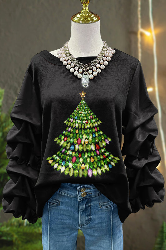 Cute Christmas Tree Print Pleated Sweatshirt