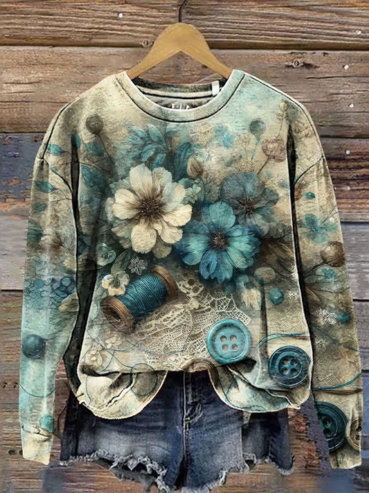 Vintage Azure Floral Needlework Art Print Casual Sweatshirt