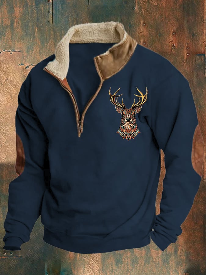 Men'S Retro Western Print Zipper Stand Collar Sweatshirt