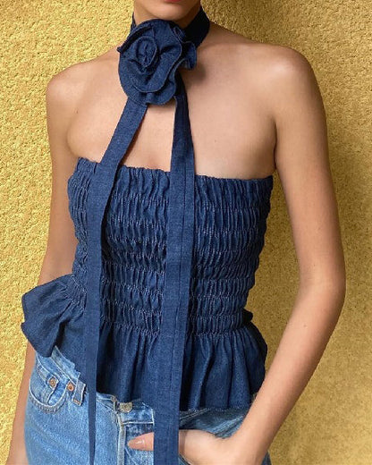 Retro Denim Floral Embellished Pleated Short Tube Top