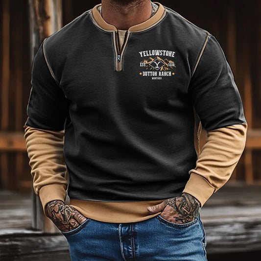 Men's Black Khaki Contrast Color Vintage Yellowstone Ziper Sweatshirt