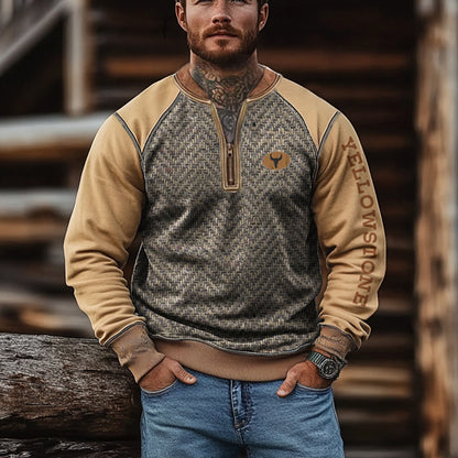 Men's Retro Yellowstone Herringbone Fabric Splicing Zipper Collar Outdoor Color Blocks Sweatshirt