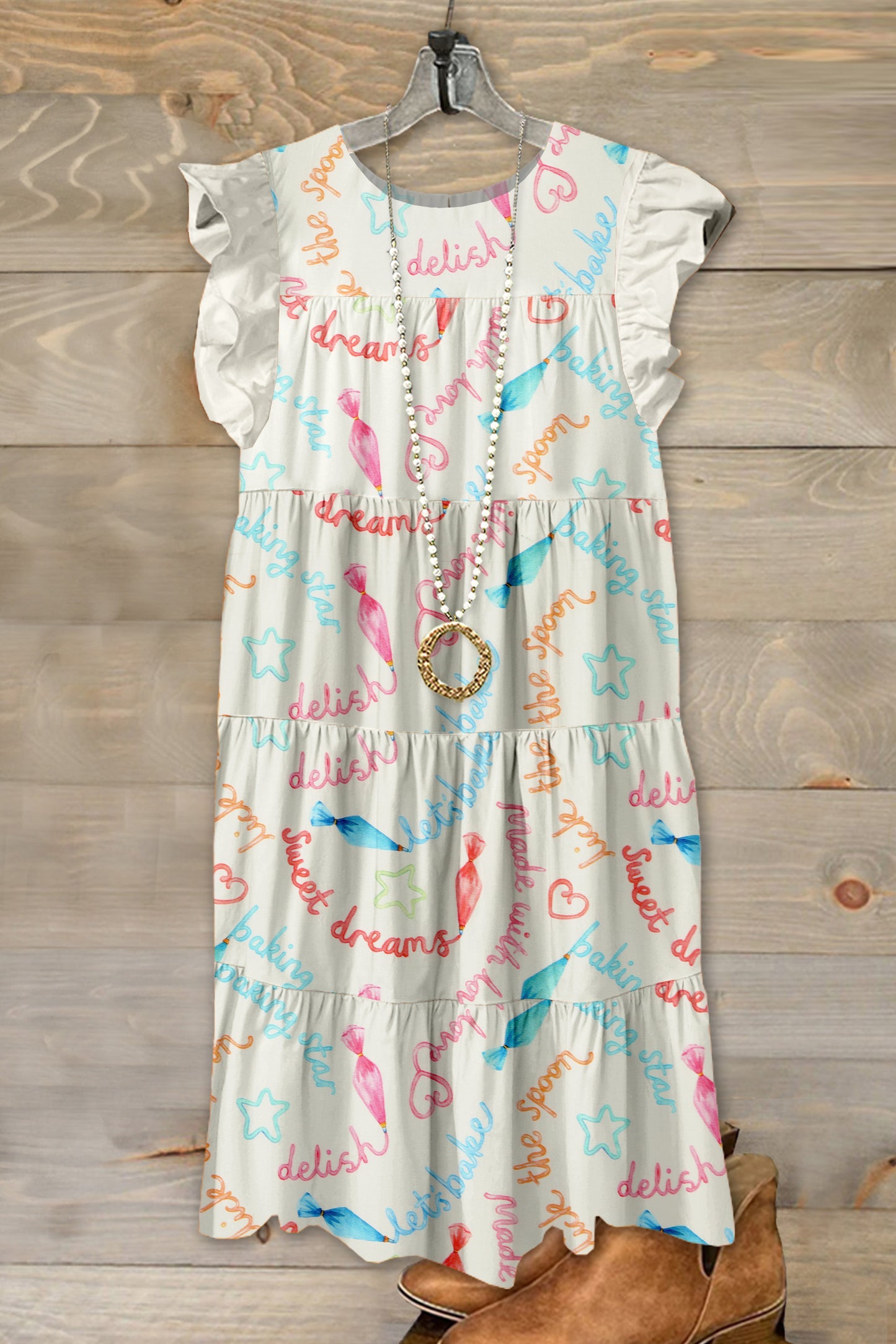 Sweet Baking Print Pleated Fly Sleeve Dress