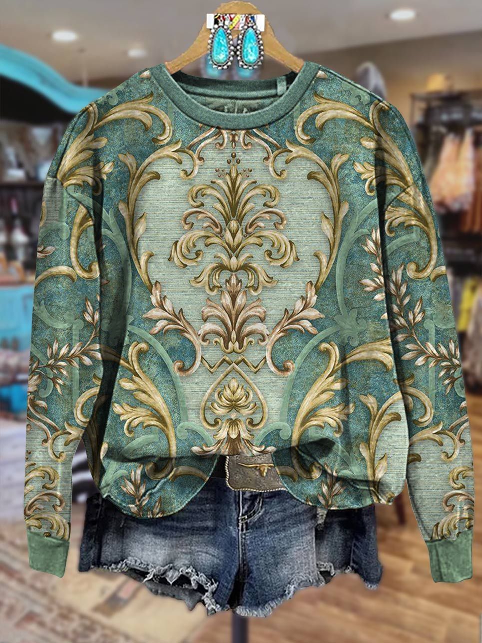 Vintage Green Print Casual Sweatshirt