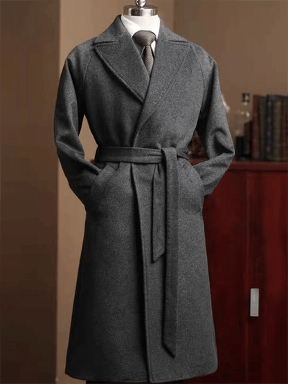 Men's Fashionable  With Open Pocket Design Casual Woolen Coat (Belt Included)