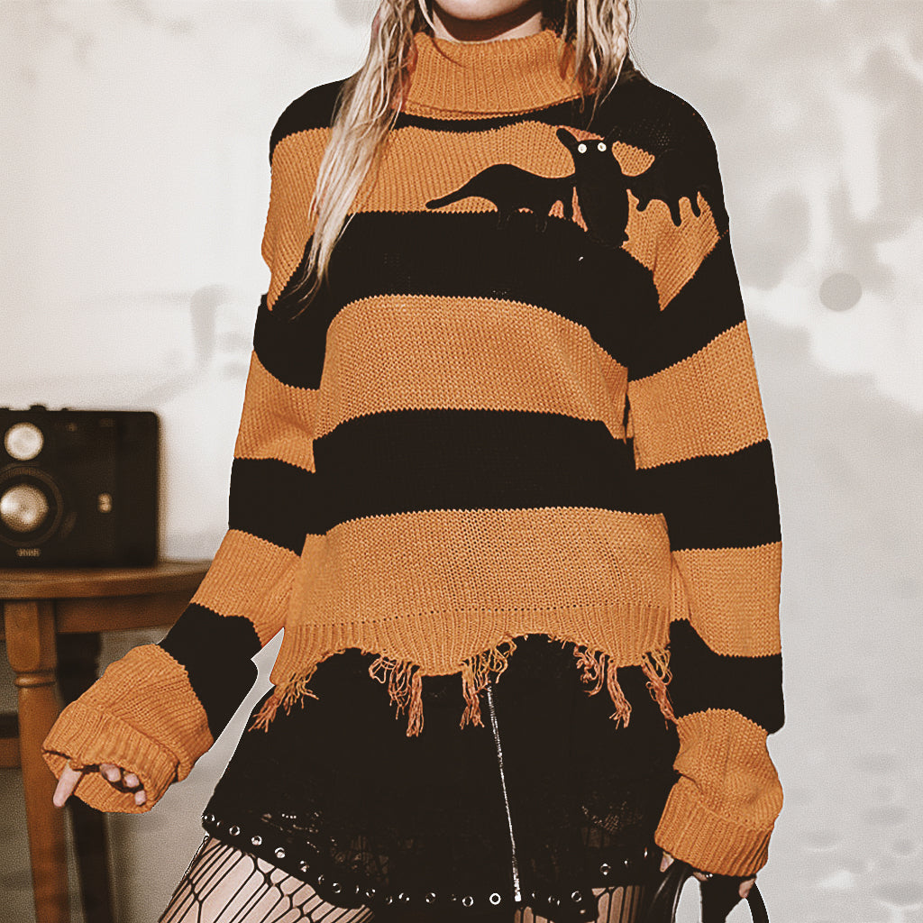 Halloween Bat Embroidered Turtleneck Sweater, Loose Retro Contrast Color Striped Sweater For Women