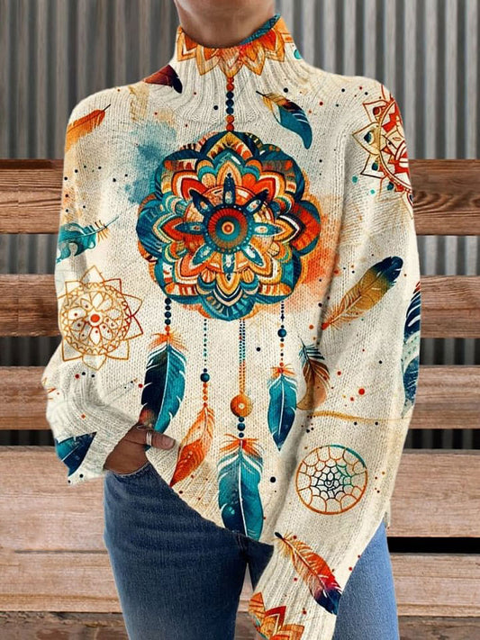 Multicolor Dream Catcher Feathers Print Knit Turtleneck Pullover Sweater